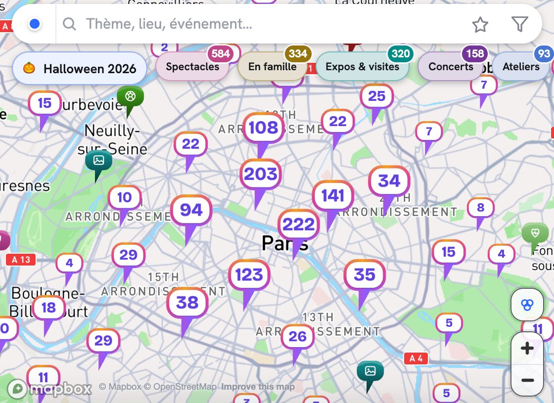 The Wayuto map of Paris and its inner suburbs, filtered on one weekend: each marker shows how many events are at that spot, and the categories at the top (shows, family, exhibitions, concerts…) show their totals.